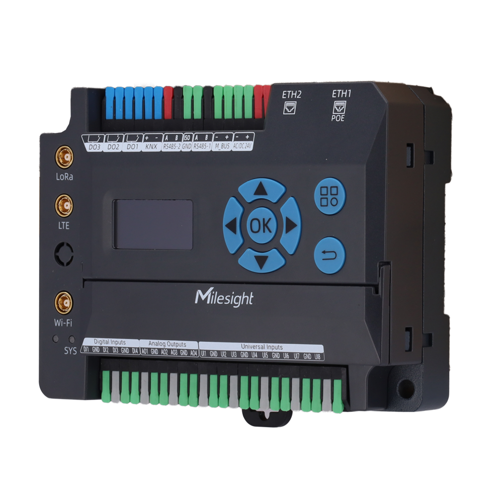 Milesight 8 ingressi universali + 4 DI + 3 relè + 4 uscite analogiche - LoRaWAN 8 canali 27 dBm + 4G CAT1 + Wi-Fi + 2×Gb