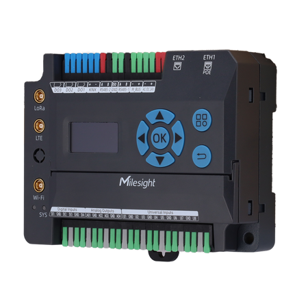 Milesight 8 ingressi universali + 4 DI + 3 relè + 4 uscite analogiche - LoRaWAN 8 canali 27 dBm + 4G CAT1 + Wi-Fi + 2×Gb