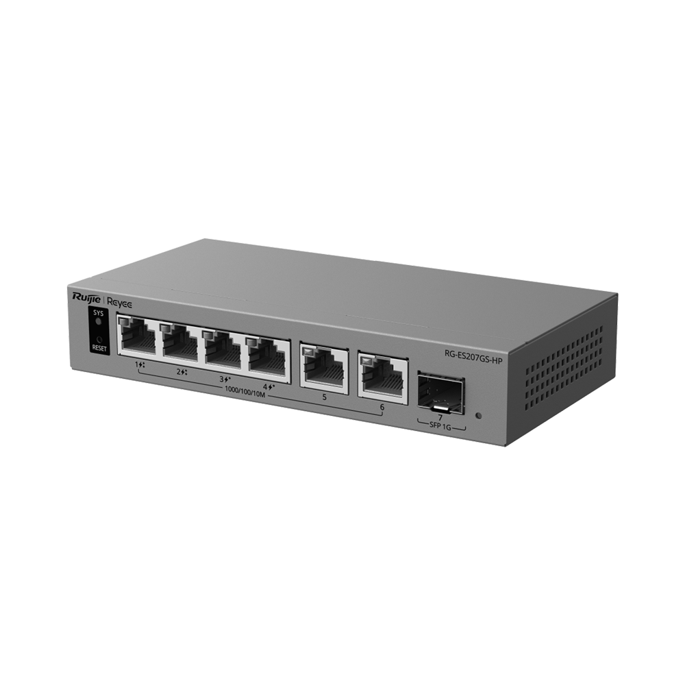 Ruijie Reyee Cloud Managed L2 PoE Switch - 6 porte Gigabit e 1 slot SFP di uplink - 4 porte PoE  (2 porte 802.3bt)