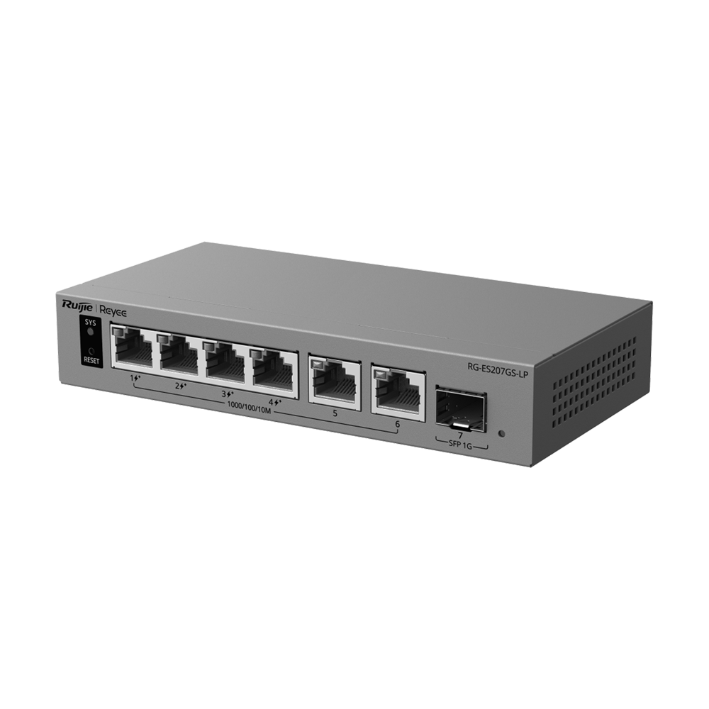 Ruijie Reyee Cloud Managed L2 PoE Switch - 6 porte Gigabit e 1 slot SFP di uplink - 4 porte PoE/PoE+ con potenza di 40 W