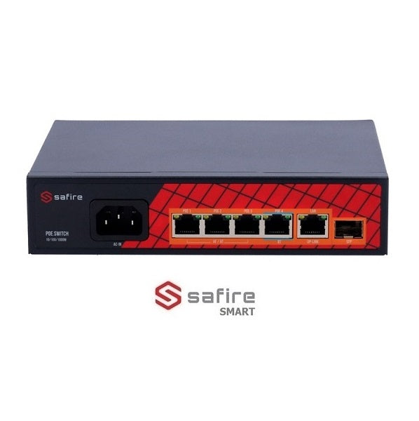 Switch Safire Hi-PoE 4 porte Gigabit 65 W con Uplink SFP
