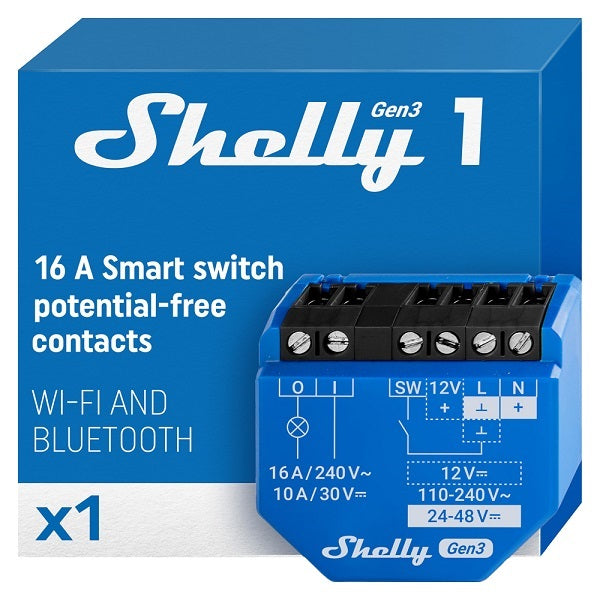 Interruttore intelligente Shelly 1 Gen3 Wi-Fi Bluetooth contatti puliti