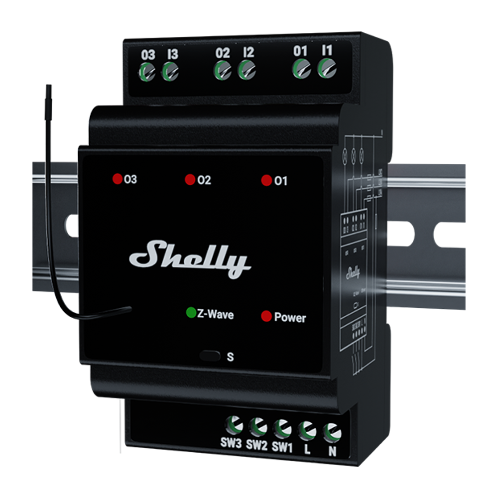 Relé Shelly Wave Pro 3 LR - 3 Contacto seco de potencial de hasta 16 A - Montaje en carril DIN dentro del cuadro