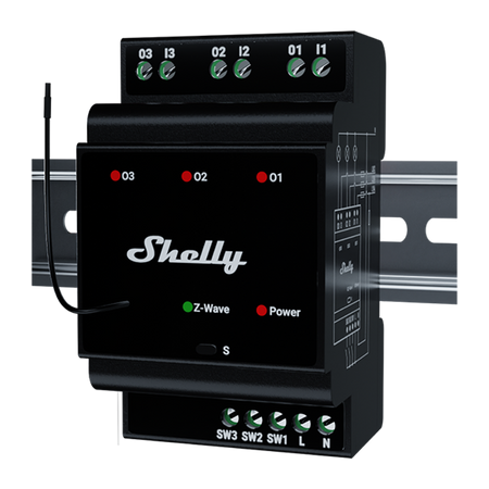 Relé Shelly Wave Pro 3 LR - 3 Contacto seco de potencial de hasta 16 A - Montaje en carril DIN dentro del cuadro