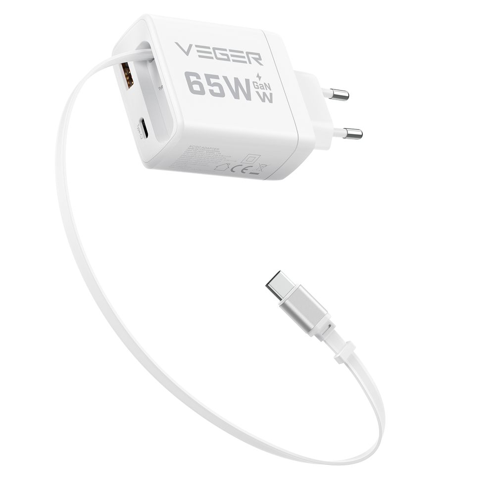 VEGER - Cargador de pared - Carga rápida 65W |  Con tecnología GaN - Salidas USB-C, USB-A