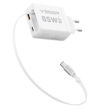 VEGER - Cargador de pared - Carga rápida 65W |  Con tecnología GaN - Salidas USB-C, USB-A
