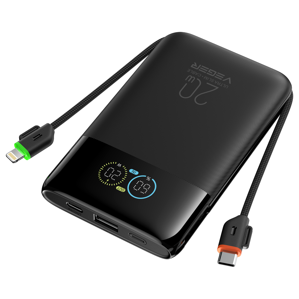 VEGER Power Bank con pantalla LCD Negro - Capacidad 10000mAh / PD 20W - Entradas USB-C y cable integrado