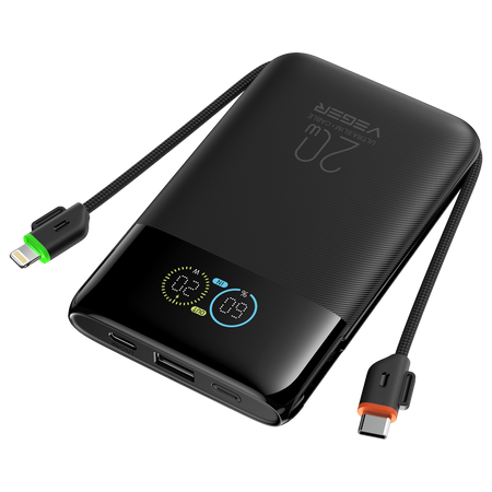 VEGER Power Bank con pantalla LCD Negro - Capacidad 10000mAh / PD 20W - Entradas USB-C y cable integrado