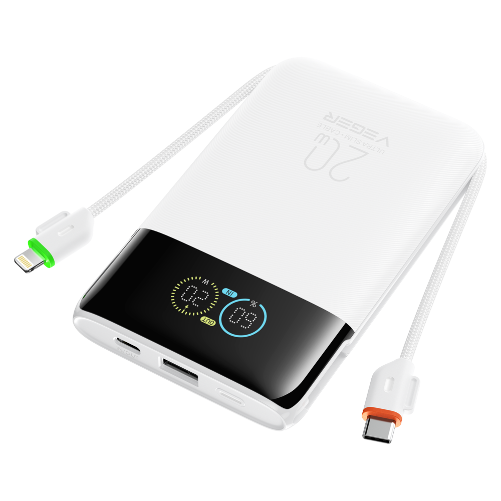 VEGER Power Bank con pantalla LCD Blanco - Capacidad 10000mAh / PD 20W - Entradas USB-C y cable integrado