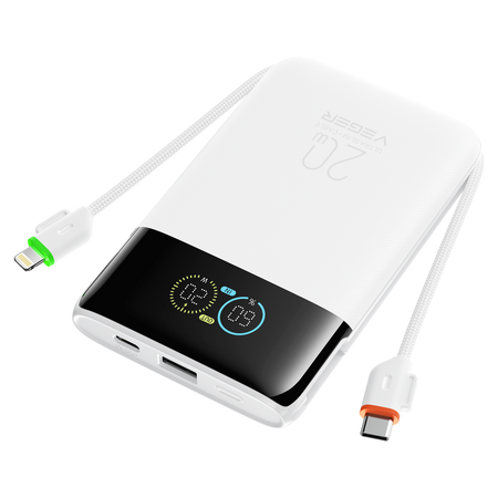 VEGER Power Bank con pantalla LCD Blanco - Capacidad 10000mAh / PD 20W - Entradas USB-C y cable integrado