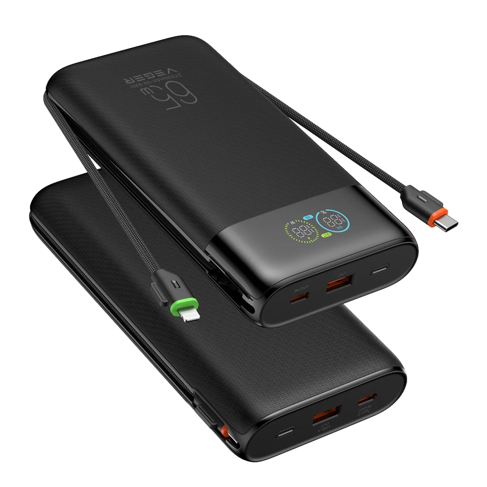 VEGER Power Bank con pantalla digital - Capacidad 27000mAh - Entradas 2x USB-C, 1x USB-A y cables integrados