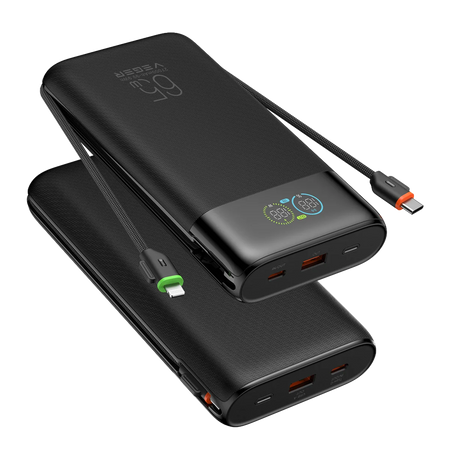 VEGER Power Bank con pantalla digital - Capacidad 27000mAh - Entradas 2x USB-C, 1x USB-A y cables integrados