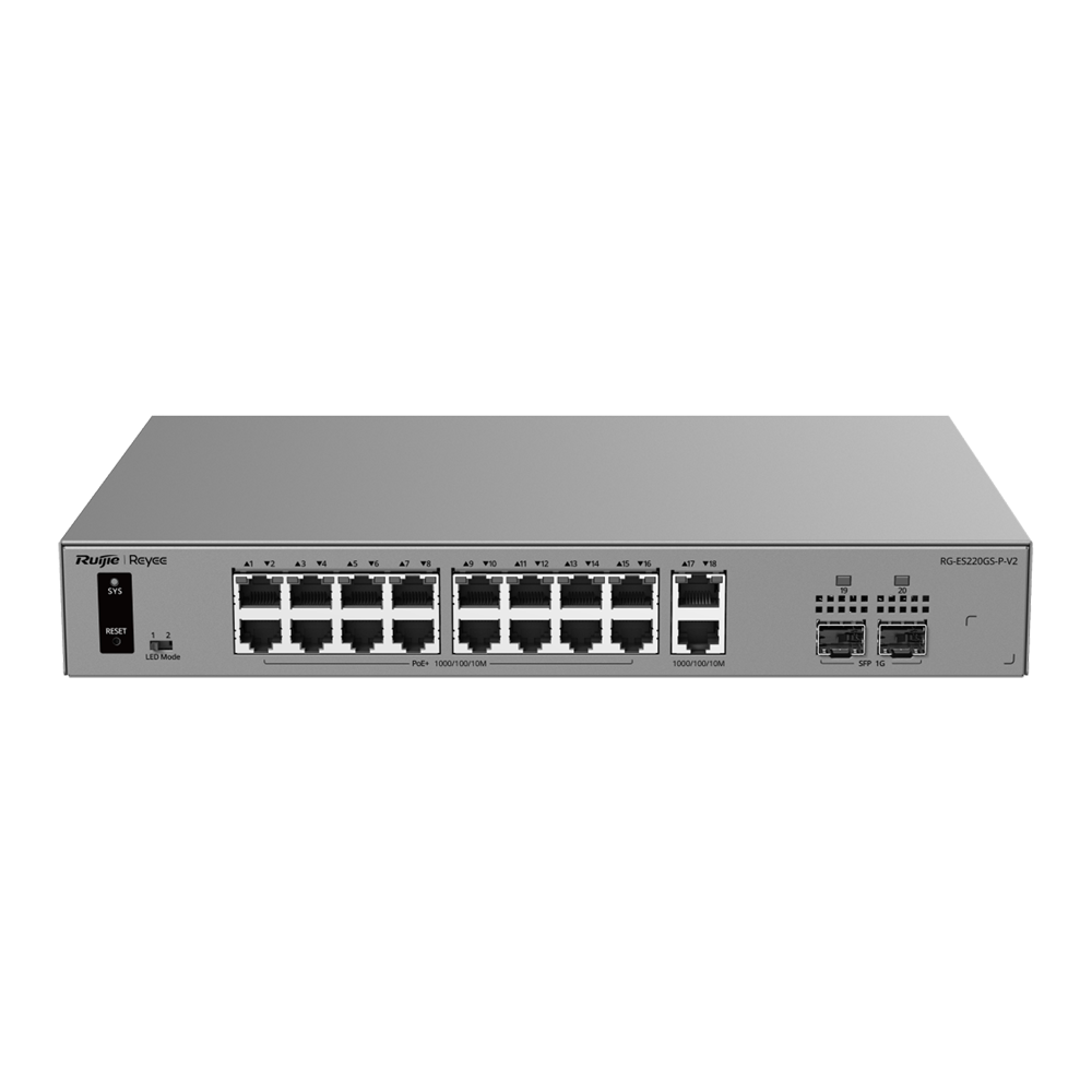 Ruijie Reyee Cloud Managed L2 Switch - 18 porte Gigabit RJ45 e 2 slot SFP - 16 porte PoE/PoE+ con potenza di 250 W