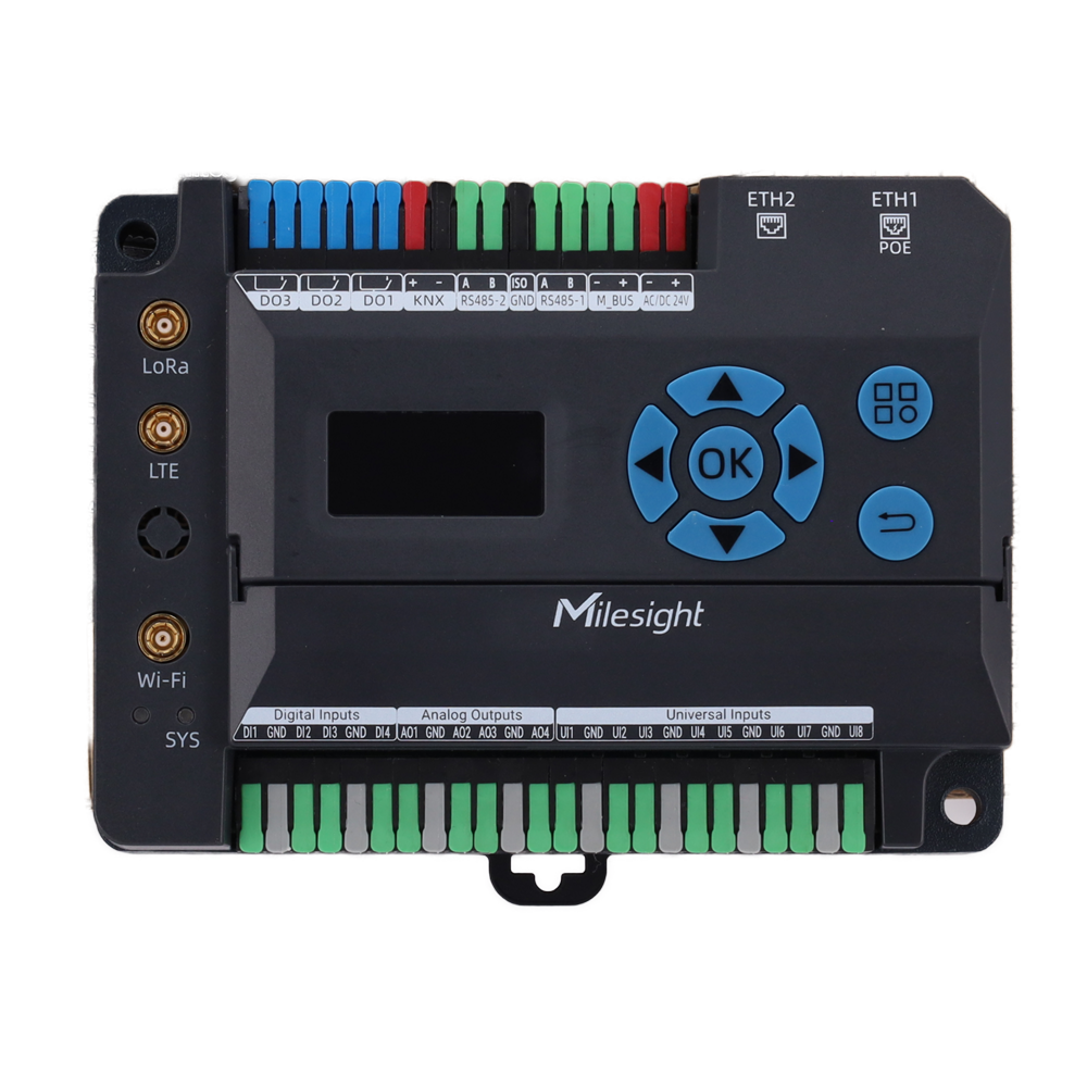 Milesight 8 ingressi universali + 4 DI + 3 relè + 4 uscite analogiche - LoRaWAN 8 canali 27 dBm + 4G CAT1 + Wi-Fi + 2×Gb
