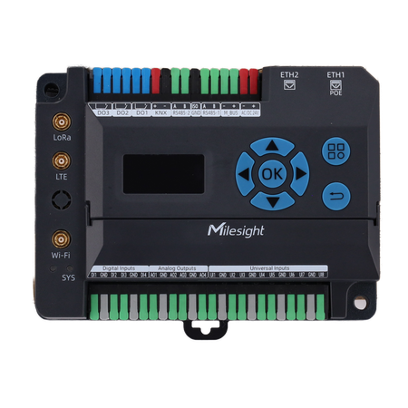 Milesight 8 ingressi universali + 4 DI + 3 relè + 4 uscite analogiche - LoRaWAN 8 canali 27 dBm + 4G CAT1 + Wi-Fi + 2×Gb