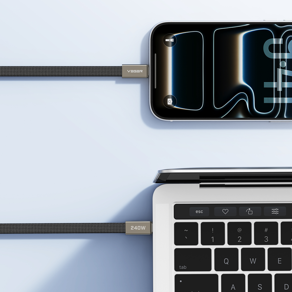 Veger - Cavo USB 2.0 per qualsiasi dispositivo - Da USB-C a USB-C - Guaina in metallo, nylon intrecciato con ABS