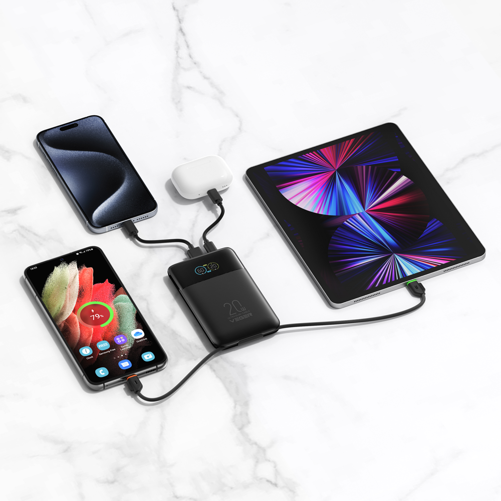 VEGER Power Bank con pantalla LCD Negro - Capacidad 10000mAh / PD 20W - Entradas USB-C y cable integrado