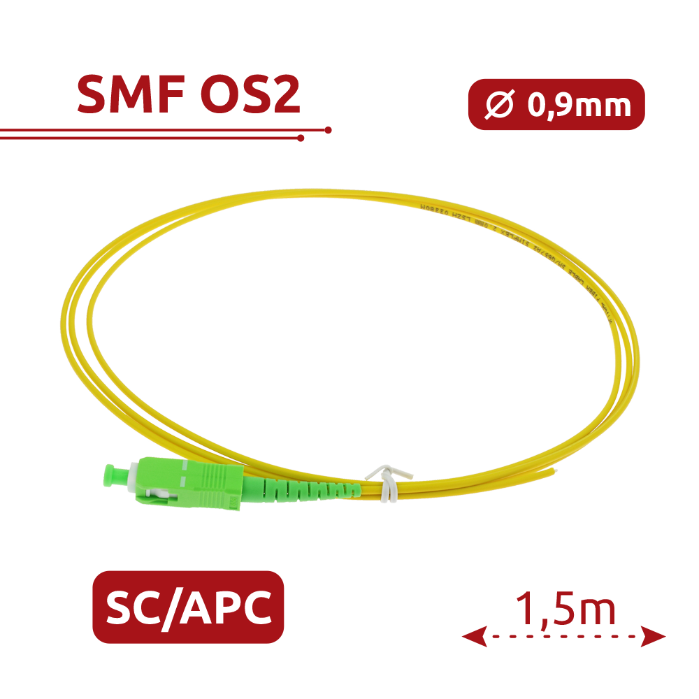 Safire Pigtail in fibra ottica simplex - Fibra monomodale G657A2 ad alte prestazioni - Connettore SC con finitura APC