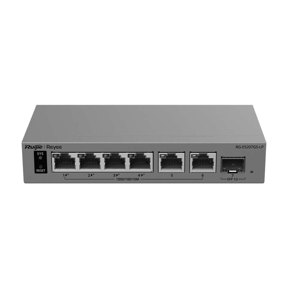 Ruijie Reyee Cloud Managed L2 PoE Switch - 6 porte Gigabit e 1 slot SFP di uplink - 4 porte PoE/PoE+ con potenza di 40 W