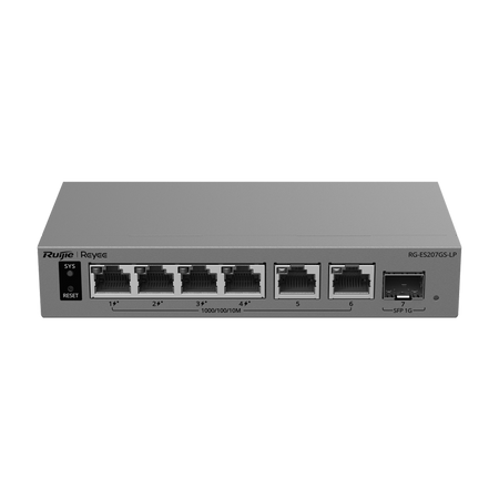 Ruijie Reyee Cloud Managed L2 PoE Switch - 6 porte Gigabit e 1 slot SFP di uplink - 4 porte PoE/PoE+ con potenza di 40 W