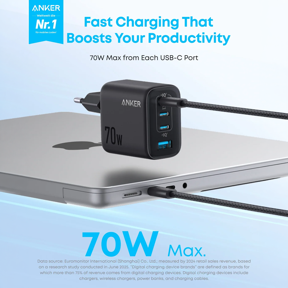 Anker - Caricabatterie USB - Potenza 70W - Ricarica rapida GaN | Display intelligente - Uscite 3x USB-C, 1x USB-A