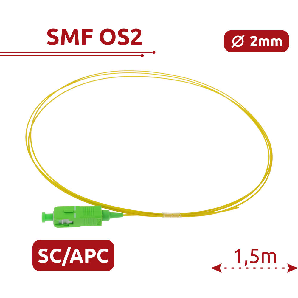Safire Pigtail in fibra ottica simplex - Fibra monomodale G657A2 ad alte prestazioni - Connettore SC con finitura APC