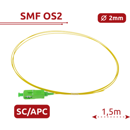 Safire Pigtail in fibra ottica simplex - Fibra monomodale G657A2 ad alte prestazioni - Connettore SC con finitura APC