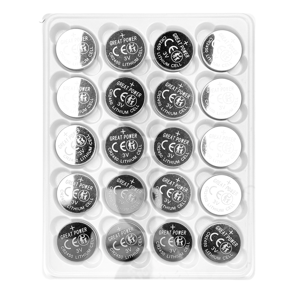 Pack 20x Batterie a bottone CR2450 - Vendita in vassoio 20ud | Prezzo per vassoio - Lito Li-MnO2 non ricaricabile