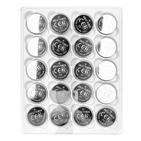 Pack 20x Batterie a bottone CR2450 - Vendita in vassoio 20ud | Prezzo per vassoio - Lito Li-MnO2 non ricaricabile