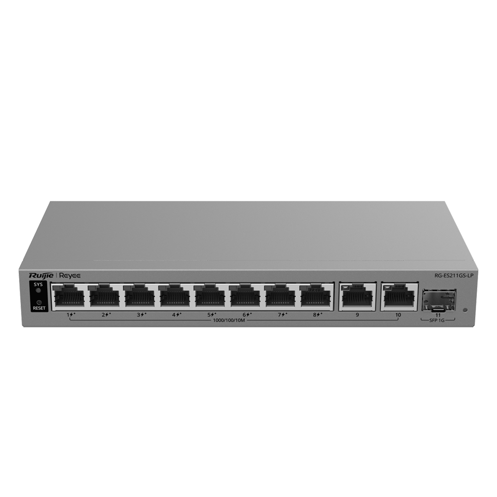 Ruijie Reyee Cloud Managed L2 Switch - 10 porte Gigabit RJ45 e 1 slot SFP - 8 porte PoE/PoE+ con potenza di 70 W