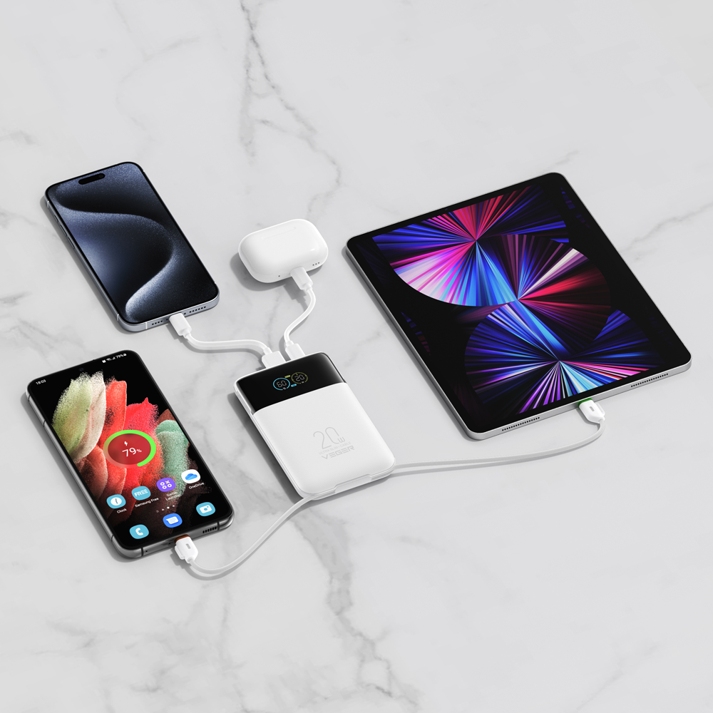 VEGER Power Bank con pantalla LCD Blanco - Capacidad 10000mAh / PD 20W - Entradas USB-C y cable integrado