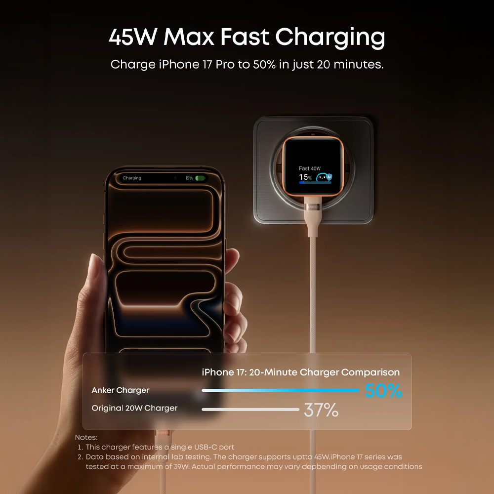 Anker - Mini Caricabatterie USB - Potenza 45W - Ricarica rapida GaN | Display intelligente - Uscite 1x USB-C