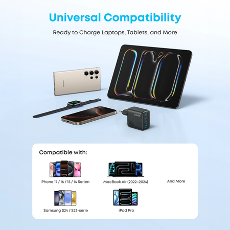 Anker - Caricabatterie USB - Potenza 70W - Ricarica rapida GaN | Display intelligente - Uscite 3x USB-C, 1x USB-A