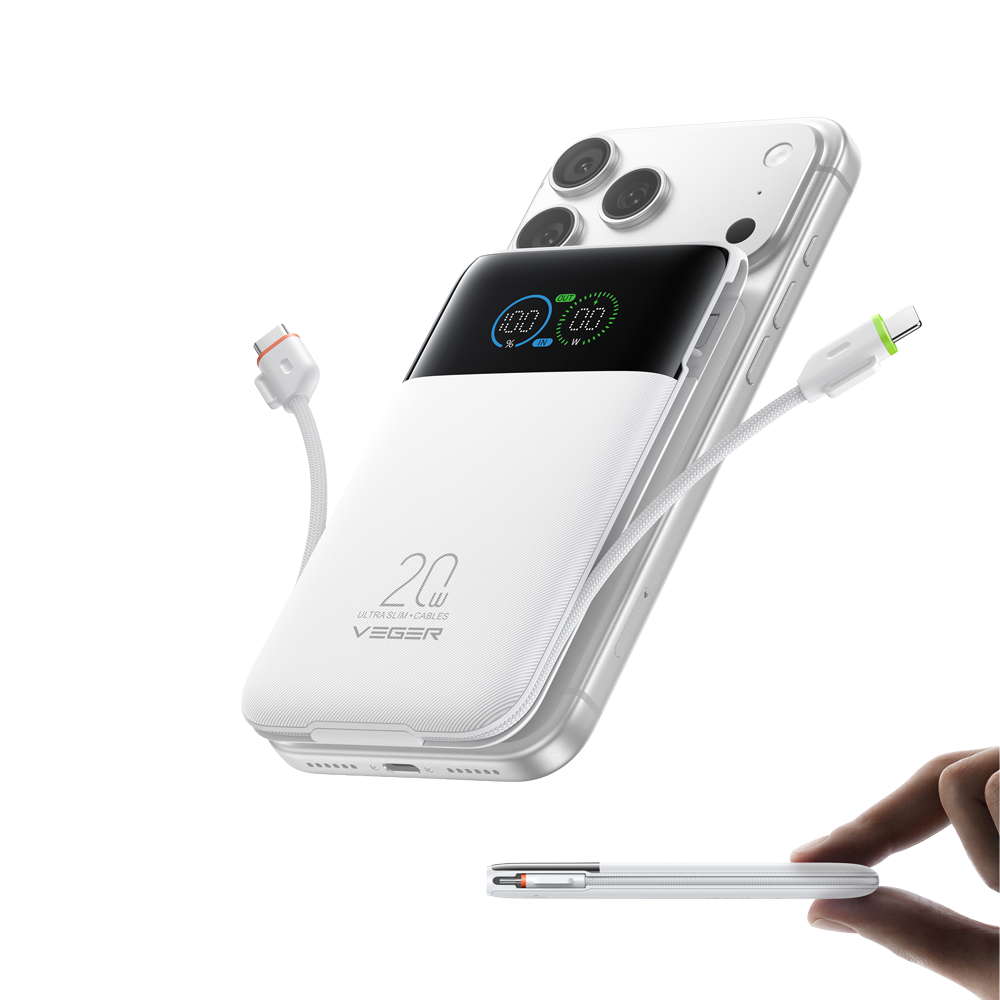 VEGER Power Bank con pantalla LCD Blanco - Capacidad 10000mAh / PD 20W - Entradas USB-C y cable integrado
