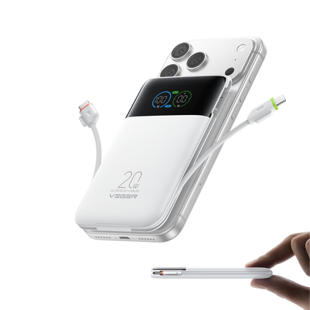 VEGER Power Bank con pantalla LCD Blanco - Capacidad 10000mAh / PD 20W - Entradas USB-C y cable integrado