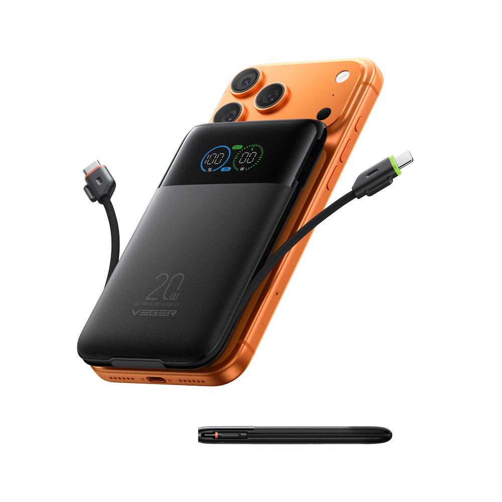 VEGER Power Bank con pantalla LCD Negro - Capacidad 10000mAh / PD 20W - Entradas USB-C y cable integrado