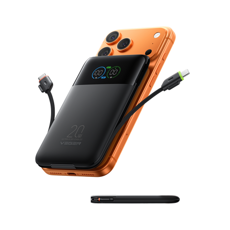 VEGER Power Bank con pantalla LCD Negro - Capacidad 10000mAh / PD 20W - Entradas USB-C y cable integrado