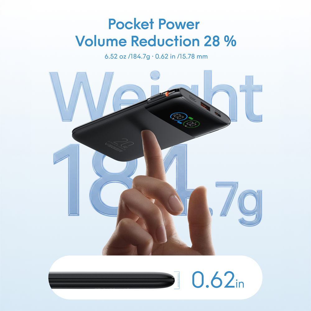 VEGER Power Bank con pantalla LCD Negro - Capacidad 10000mAh / PD 20W - Entradas USB-C y cable integrado