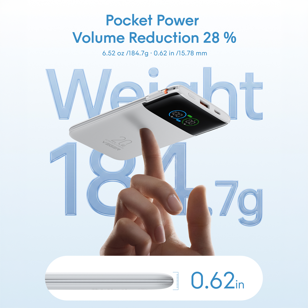 VEGER Power Bank con pantalla LCD Blanco - Capacidad 10000mAh / PD 20W - Entradas USB-C y cable integrado