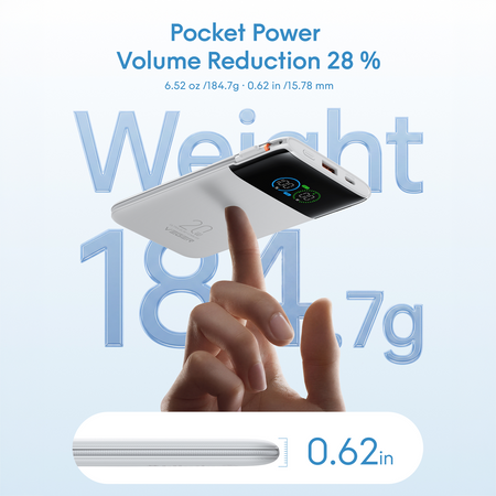 VEGER Power Bank con pantalla LCD Blanco - Capacidad 10000mAh / PD 20W - Entradas USB-C y cable integrado