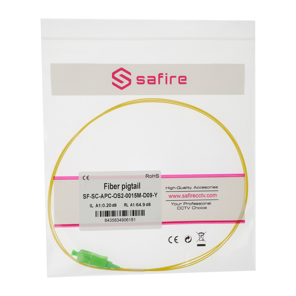 Safire Pigtail in fibra ottica simplex - Fibra monomodale G657A2 ad alte prestazioni - Connettore SC con finitura APC