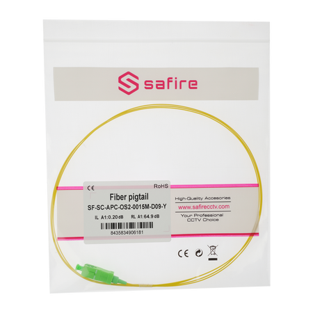 Safire Pigtail in fibra ottica simplex - Fibra monomodale G657A2 ad alte prestazioni - Connettore SC con finitura APC