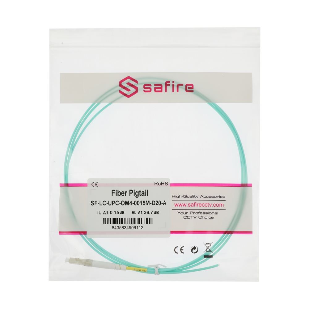 Safire Pigtail in fibra ottica simplex - Fibra multimodale OM4 ad alta velocità - Connettore LC con finitura UPC