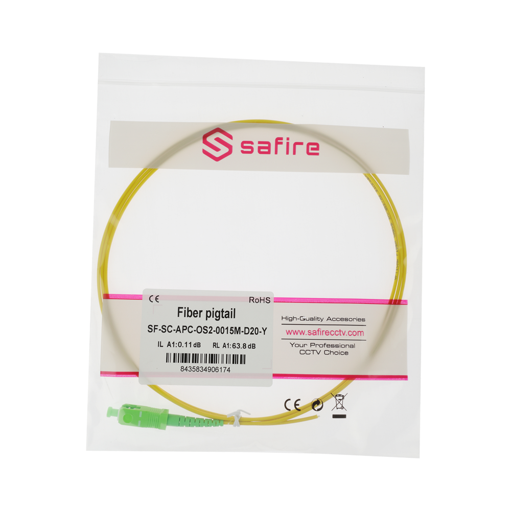 Safire Pigtail in fibra ottica simplex - Fibra monomodale G657A2 ad alte prestazioni - Connettore SC con finitura APC