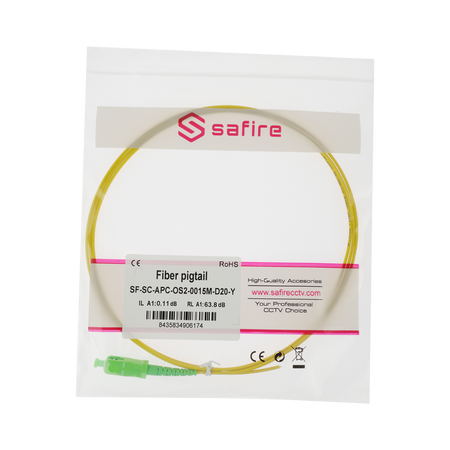 Safire Pigtail in fibra ottica simplex - Fibra monomodale G657A2 ad alte prestazioni - Connettore SC con finitura APC