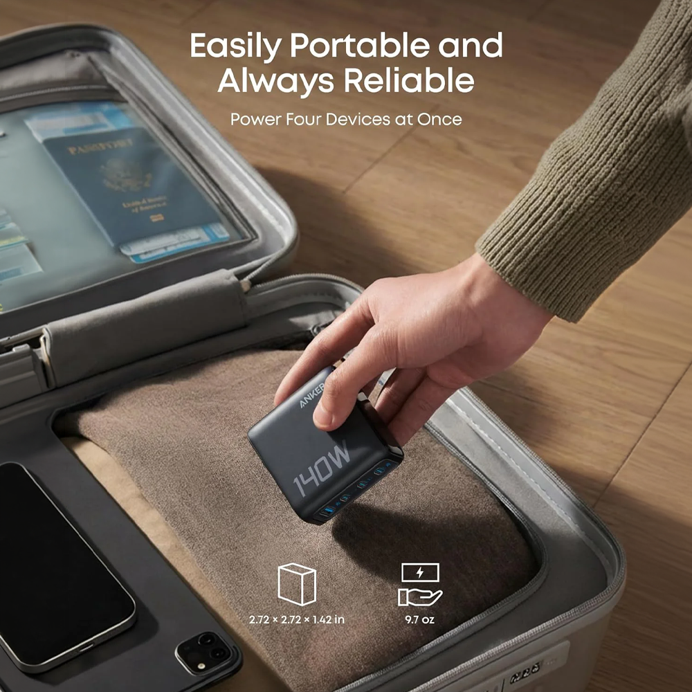 Anker - Caricabatterie USB pieghevole - Potenza 140W | Display intelligente - Ricarica rapida | Tecnologia GaN