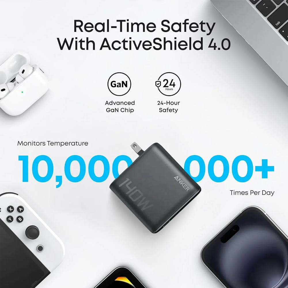 Anker - Caricabatterie USB pieghevole - Potenza 140W | Display intelligente - Ricarica rapida | Tecnologia GaN